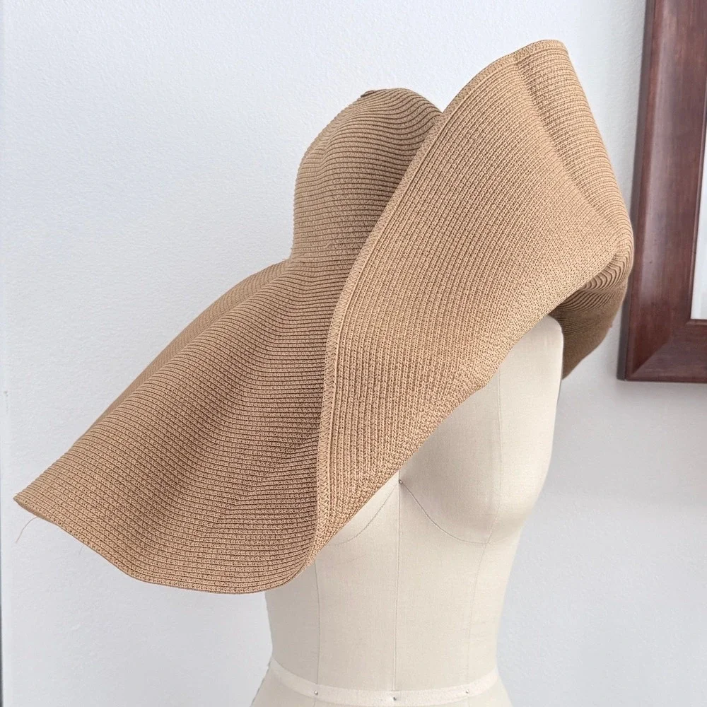 Oversized Wide Brim Floppy Sun Hat Tan Woven Straw Beach Resort Glamour